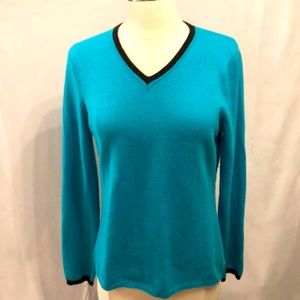 Teal V Neck Cashmere edged in dark grey